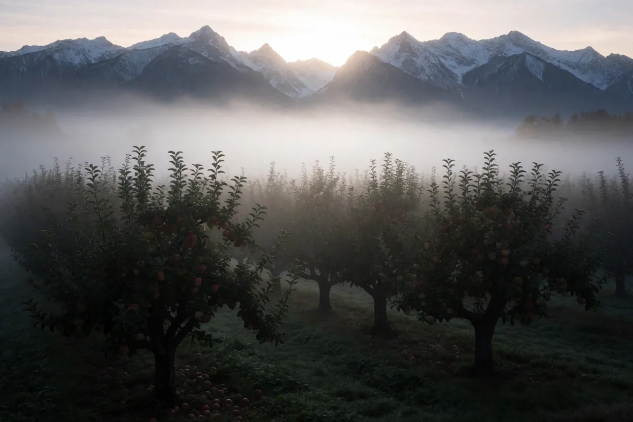 Misty orchard at dawn representing professional growth
